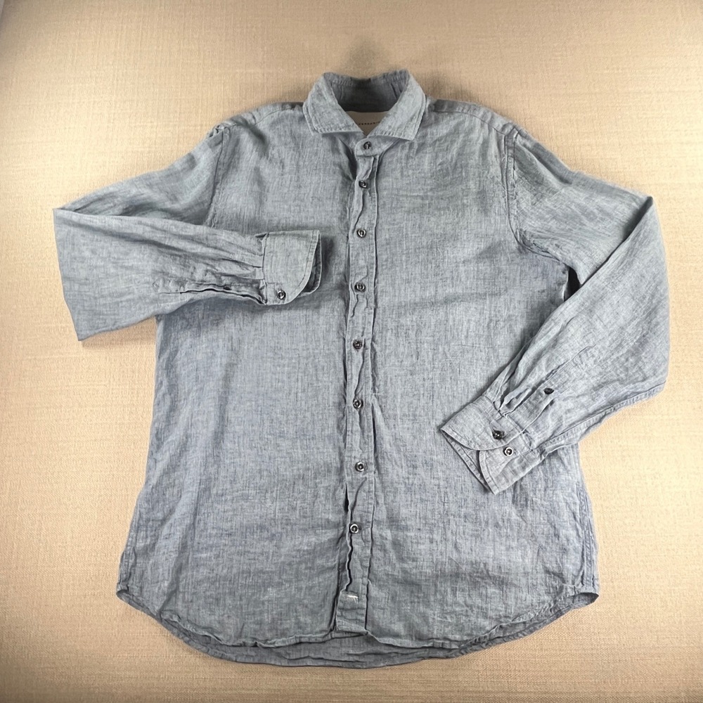 Baldessarini Button Down Shirt Mens L 42 Blue 100% Linen BLD-Hugh Long Sleeve - Picture 2 of 7